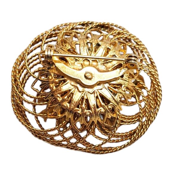 Vtg Green Peking Glass Cabochon Brooch Pink Rhinestone Intricate Wire Gold Tone - Picture 6 of 8